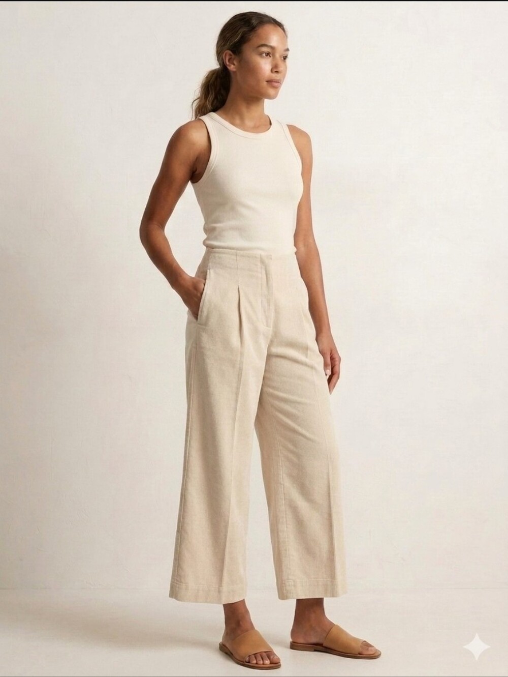 Club Monaco 100%Cotton  Cropped Pleated  Trousers Cream 8